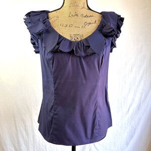 ETCETERA Women Navy Blue Raw Edge Ruffled Neckline Cotton Blend Top Blouse Sz 6